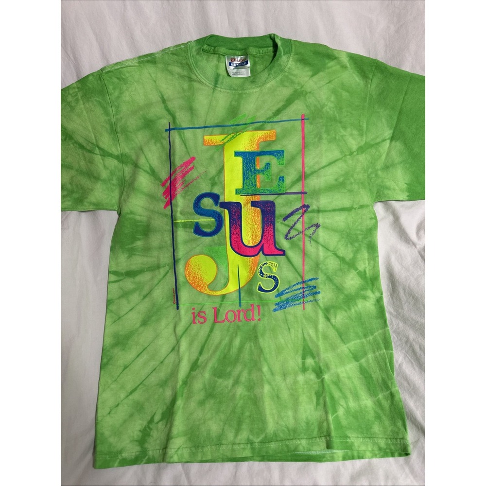 NWOT Hanes Green Tie Dye Solid Light Jesus Is Lord Graphic Tee Medium
